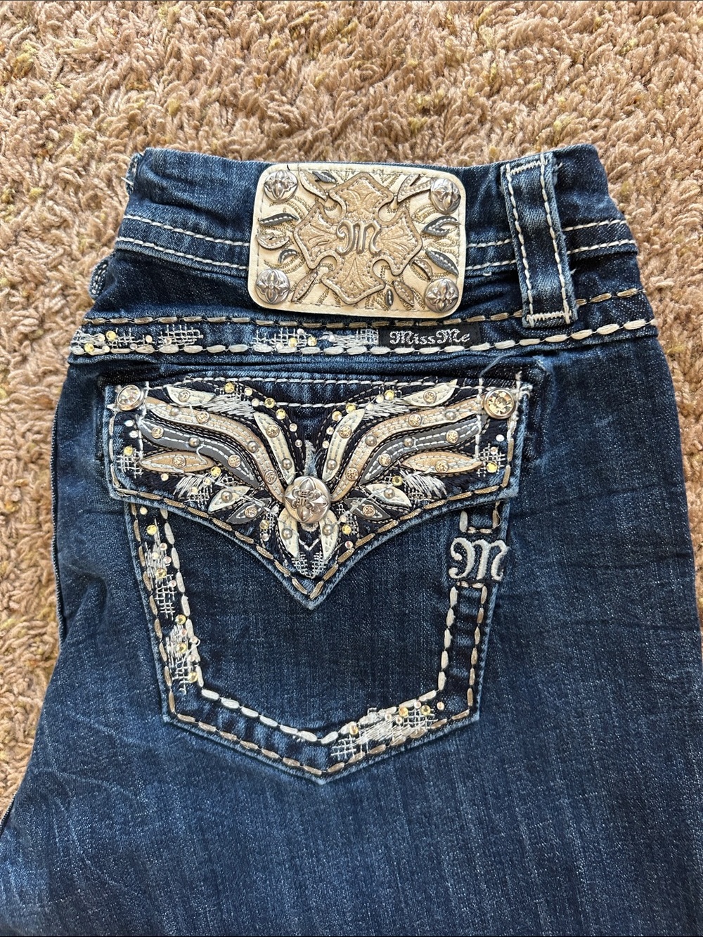 Miss Me Dark Blue Bootcut Jeans with Silver & Cream Embellished Pocket